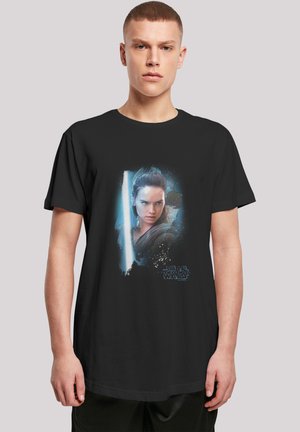 Schwarzes Baumwoll-T-Shirt mit einem Grafikdruck eines Charakters mit einem Lichtschwert, umgeben von einem Farbklecks in Blau und Grau, sowie dem Text "Star Wars".
