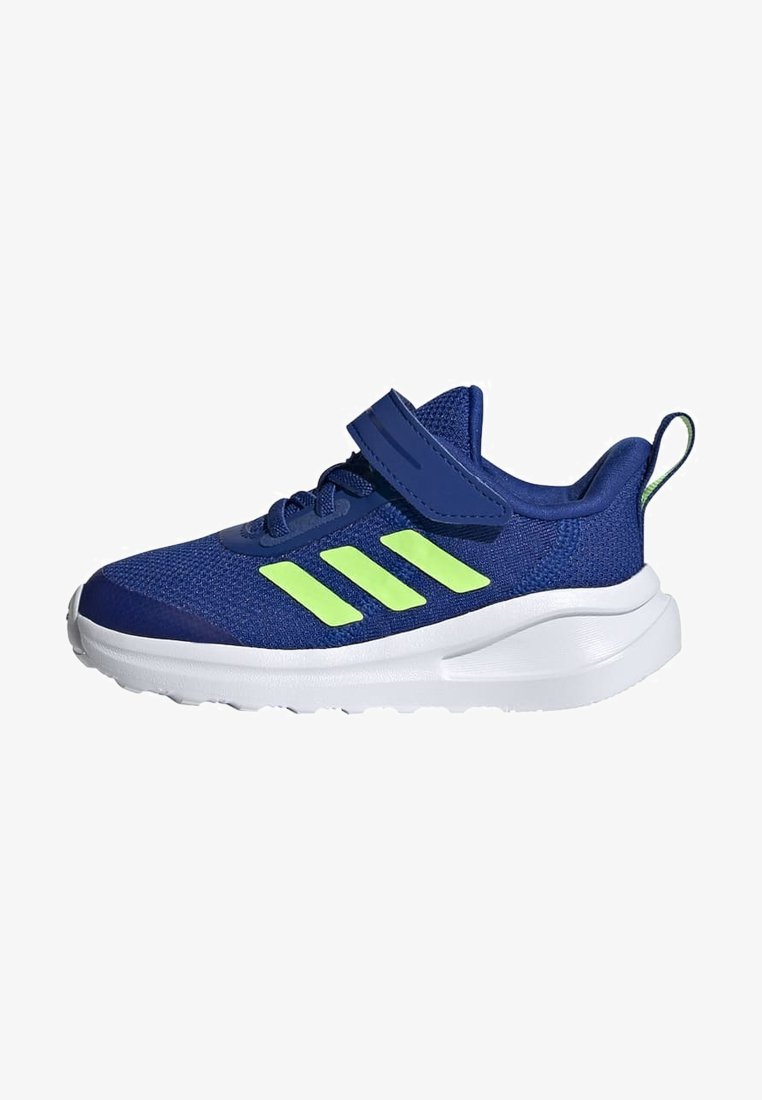 Scarpe da ginnastica blu realizzate in mesh traspirante con una suola bianca, dotate di strisce verdi riflettenti e un cinturino in velcro per la chiusura.