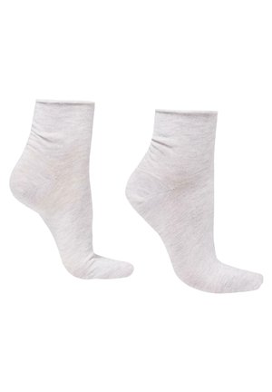 Gray ankle socks with a smooth texture, featuring a ribbed cuff and a snug fit. The design is simple with no additional patterns or accents.
