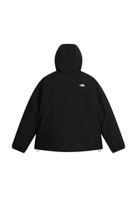Черно яке с качулка с еластични маншети и бяло лого на North Face на горната част на гърба.