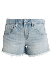 Shorts de mezclilla azul claro con dobladillo desgastado, cinco bolsillos, cinturilla y cierre de botón. La tela tiene una textura ligeramente desvaída.