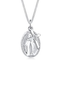Hõbedane ripatsikaelakee, millel on ovaalne medallion, millel on detailne figuur ja risti kate. Sile tekstuur, peened ketilinkid.