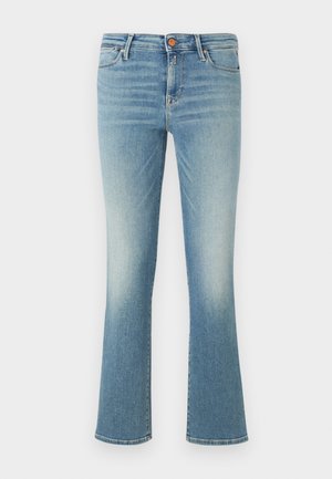 Lyseblå flared jeans lavet af denim, med en falmet vask, fem lommer, bæltestropper og lukning med knapper foran.