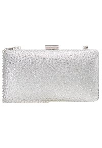 Pochette rectangulaire argentée avec une surface texturée ressemblant à de petites gouttes d'eau et une fine bandoulière en chaîne.