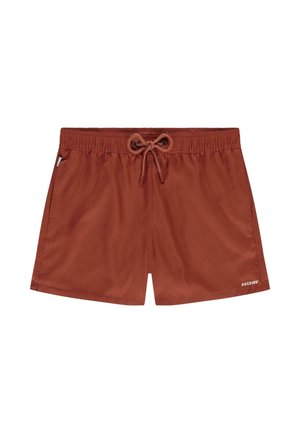 Røde svømmeshorts laget av lett, glatt materiale. Har elastisk midjebånd med snøring, sidelommer og detalj med merkevaren.