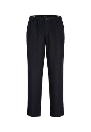 Črne lanene hlače z elastičnim pasom in zapiranjem na gumb. Zasnova z ravenim krojem nogavic, gladko teksturo in brez vidnih vzorcev.