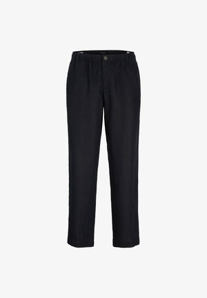Črne lanene hlače z elastičnim pasom in zapiranjem na gumb. Zasnova z ravenim krojem nogavic, gladko teksturo in brez vidnih vzorcev.