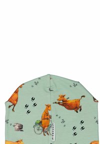 Vihreä puuvillapipo, jossa on leikkisiä lehmäkuvastoja, polkupyörä ja kavionjälkiä. Pehmeä texture ja tiukka istuvuus. Merkki "Geggamoja."