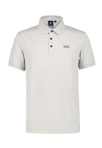 Jasnoszara koszulka polo wykonana z miękkiego materiału, posiadająca kołnierzyk, zapięcie na trzy guziki oraz małe logo na klatce piersiowej.