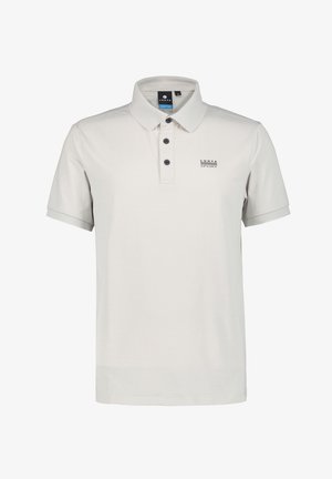 Polo shirt grigio chiaro realizzato in tessuto morbido, con scollatura a colletto, placket con tre bottoni e un piccolo logo sul petto.
