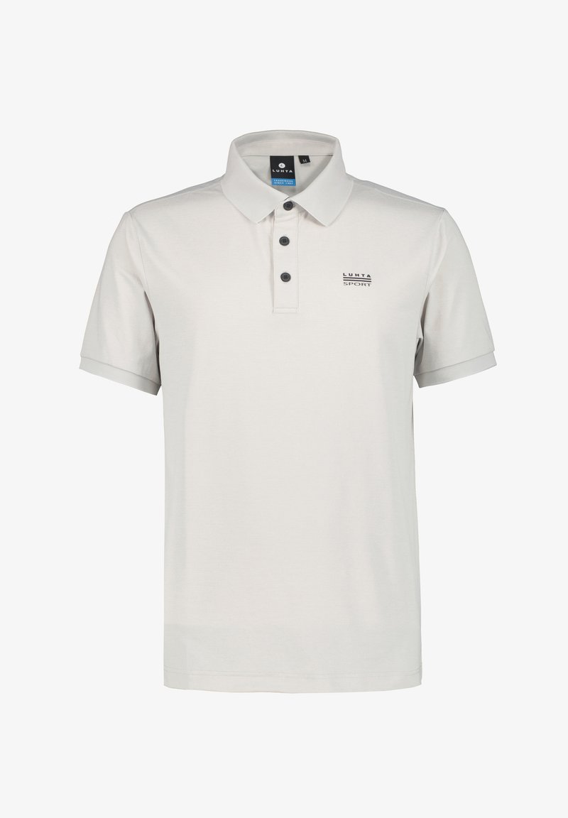 Polo shirt gris clair en tissu doux, avec un col, une patte de boutonnage à trois boutons et un petit logo sur la poitrine.