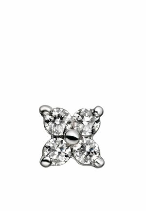 Pendientes de plata con un diseño floral que presenta cuatro piedras preciosas redondas transparentes y una bola central de plata. Textura suave y pulida.