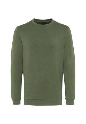 Grüner Rundhalsausschnitt Sweatshirt aus weichem Stoff. Verfügt über lange Ärmel, gerippte Bündchen und eine glatte Textur ohne Muster oder Akzente.
