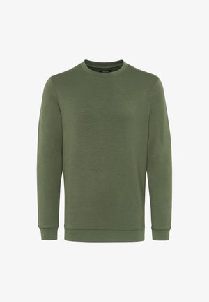 Grüner Rundhalsausschnitt Sweatshirt aus weichem Stoff. Verfügt über lange Ärmel, gerippte Bündchen und eine glatte Textur ohne Muster oder Akzente.