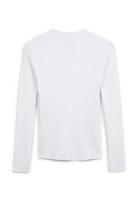 Weißes, geripptes Langarmshirt mit Rundhalsausschnitt, flach ausgelegt mit der Rückseite nach oben.