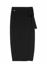 Czarna spódnica w formie owijanej z detalem w postaci węzła w talii, o gładkim, prostym fasonie i miękkiej fakturze, idealna na różne okazje.