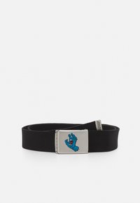 Zwarte stoffen riem met een zilveren rechthoekige gesp met een blauwe handafbeelding. Getextureerd oppervlak en duurzaam ontwerp.