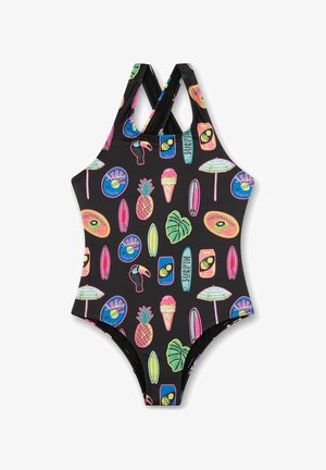 Schwarzer Einteiler mit gekreuzten Rückenträgern, verziert mit bunten tropischen Mustern, darunter Ananas, Eis, Surfbretter und Getränke.