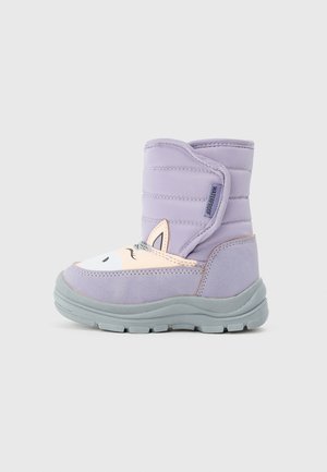 Purple waterproof boot with a quilted upper, featuring a playful animal face design and a grey textured outsole. Velcro closure for easy wear.
