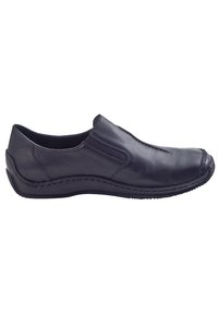 Sort læder slip-on sko med rund tå og syede detaljer langs sålen. Glat tekstur med elastiske sidepaneler for nem påklædning.