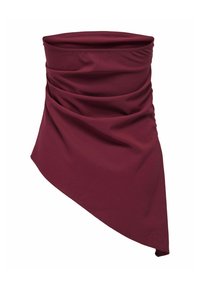 Burgundska tkanina za vrat z nabranim dizajnom, z asimetrično obliko in gladko teksturo, primerna za raznoliko oblikovanje.