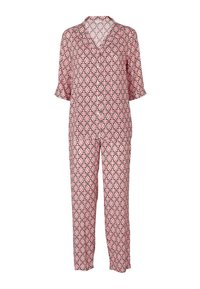 Set di pigiama rosa stampato con maniche corte e colletto, realizzato in tessuto leggero con un motivo geometrico ripetuto in nero.