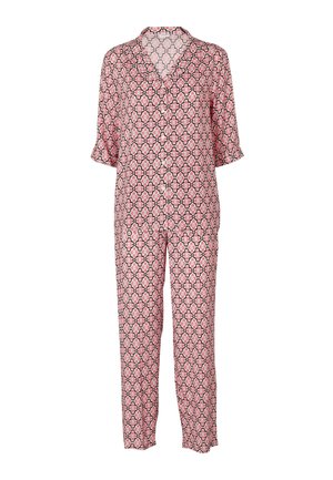 Set di pigiama rosa stampato con maniche corte e colletto, realizzato in tessuto leggero con un motivo geometrico ripetuto in nero.