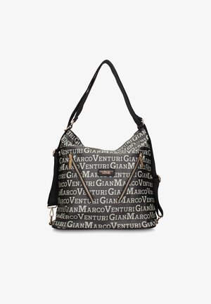 Schwarze und graue Umhängetasche mit wiederholtem Textmuster "Gian Marco Venturi" und zwei diagonal verlaufenden Reißverschlusstaschen auf der Vorderseite.