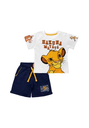 Vit tröja för småbarn med Simbas ansikte och texten "Hakuna Matata", tillsammans med marinblå shorts med Lejonkungen-logotyp och gul dragsko.