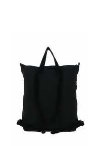 Zaino rettangolare nero con doppi spallacci e doppi manici superiori, realizzato in tessuto strutturato con chiusura a cerniera nella parte superiore.