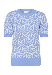 Světle modrý pletený svetr s bílým abstraktním vzorem, krátké rukávy, žebrovaný kulatý výstřih a žebrované manžety na rukávech a spodním lemu.