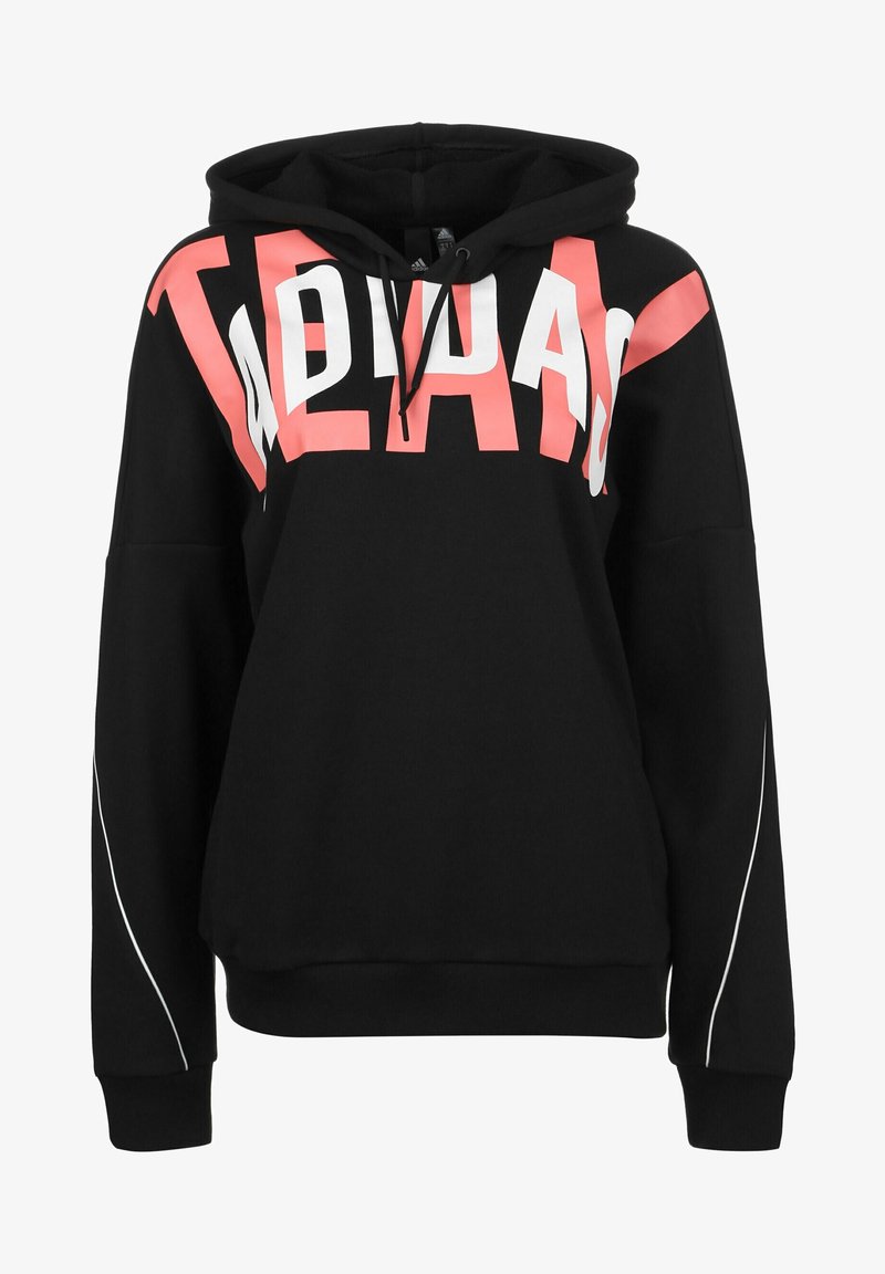Sweat à capuche noir avec un grand lettrage stylisé "ADIDAS" en rose et blanc sur la poitrine, et des cordons de serrage sur la capuche.