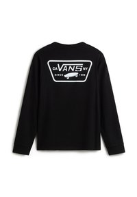 Schwarzes Langarmshirt mit einem großen weißen Grafikdesign mit "VANS" und einem Skateboard auf der Rückseite. Es besteht aus glattem Baumwollstoff.