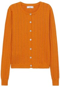 Pomarańczowy dziergany kardigan z teksturowanym wzorem w zygzak, okrągłym dekoltem i pięcioma guzikami z przodu. Długie rękawy.