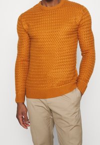 Homme portant un pull en maille texturée orange et un pantalon beige, debout avec une main dans la poche sur un fond blanc uni.