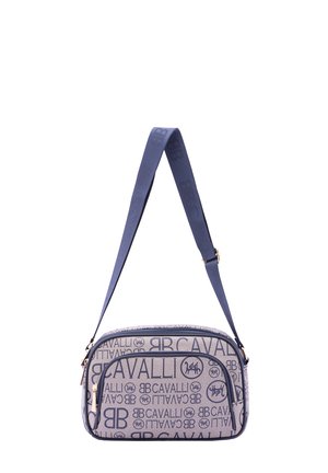 Rechthoekige tas van een blauwe en beige gestructureerde canvas, met een logo-patroon en een stevige marineblauwe schouderband. Ritssluiting aan de bovenkant.