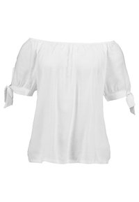 Blusa bianca off-the-shoulder con maniche a sbuffo corte, rifinita con dettagli a fiocco. Realizzata in tessuto leggero, presenta una vestibilità rilassata.