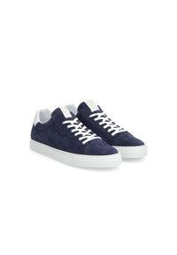 Navy suede sneakers with white leather accents, flat white laces, and textured rubber sole. Minimalist design, rounded toe shape.