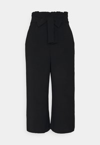 Pantalon culotte noir à jambes larges, taille élastiquée, avec un noeud noué à l'avant. Tissu doux et texturé.