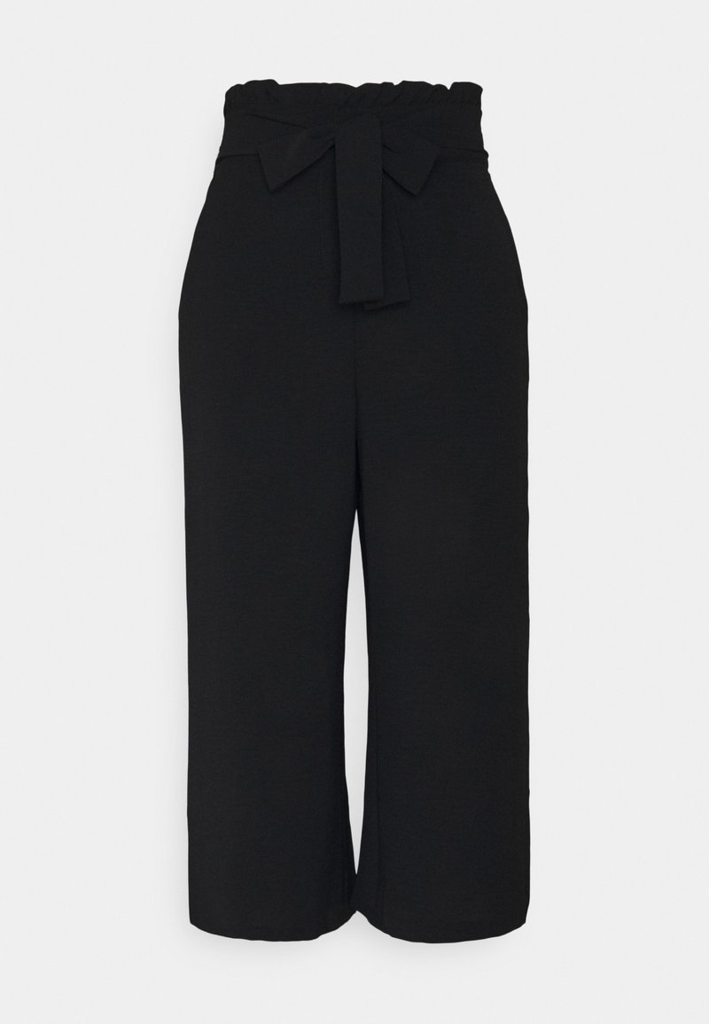 Pantalon culotte noir à jambes larges, taille élastiquée, avec un noeud noué à l'avant. Tissu doux et texturé.