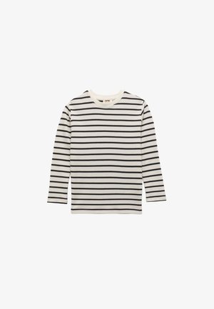 Camicia a maniche lunghe color crema con strisce orizzontali nere. Tessuto morbido, scollatura rotonda e orlo dritto. Nessun ulteriore motivo o decorazione.