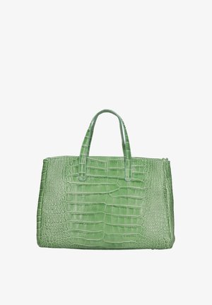 Groene rechthoekige handtas met krokodillenstructuur en twee handvatten, afgebeeld tegen een witte achtergrond.