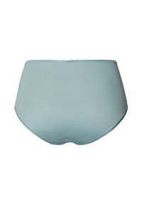Högmidjade underkläder i en mjuk aqua-färg. Har en slät tygkonstruktion och elastisk midjeband. Inga synliga mönster eller detaljer.