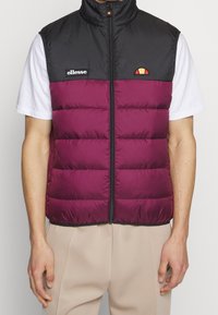 Man som bär ärmlös vadderad väst i svart och mörklila med framdragkedja och vit t-shirt, beige byxor synliga under midjan.