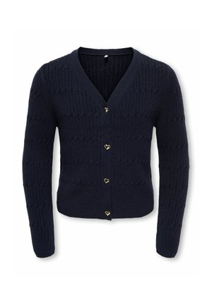 Marineblå strikket cardigan med lange ærmer, V-hals, tekstureret mønster og fire gyldne hjerteformede knapper foran.