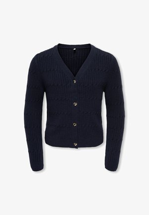 Cardigan bleu marine tricoté avec manches longues, col en V, motif texturé et quatre boutons dorés en forme de cœur sur le devant.