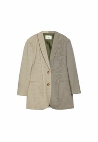 Beige en bruine bicolor blazer met verschillende ruitpatronen aan elke kant, twee knopen en een groene voering.