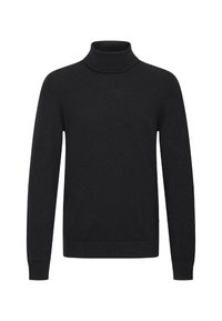 Schwarzer Rollkragenpullover, gerippte Textur, lange Ärmel, schmale Silhouette und hoher Kragen. Hergestellt aus einem weichen, gestrickten Material. Keine sichtbaren Muster.