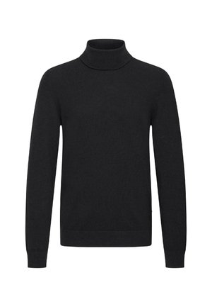 Maglione nero a collo alto, texture a coste, maniche lunghe, silhouette aderente e collo alto. Realizzato in un morbido tessuto a maglia. Nessun motivo visibile.