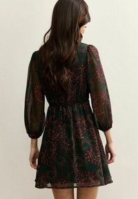 Donkergroene jurk met lange, opgeblazen mouwen, bloemen-paisley patroon in bordeauxrood en goud, getailleerde taille en een uitlopende rok. Semi-transparante stof.